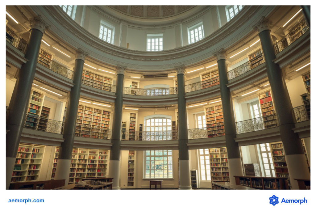 Elegant circular library with tall columns, arched windows, and bookshelves across multiple levels in warm lighting.