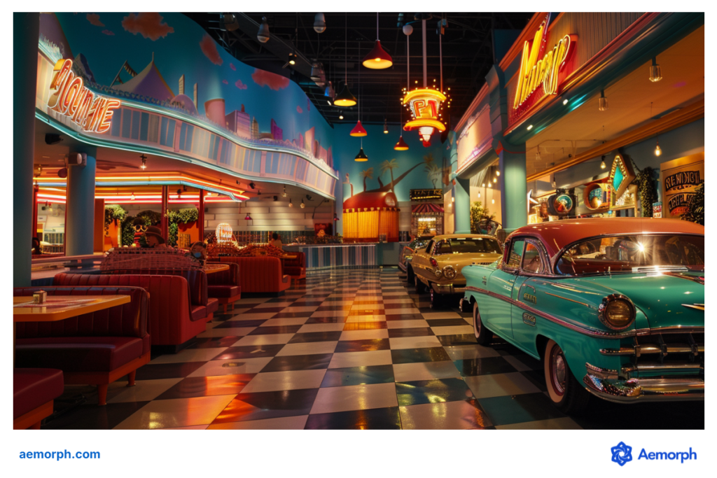 An American diner inside Universal Studios Singapore, complete with vintage cars, neon lights, and retro booths evoking classic Hollywood charm.