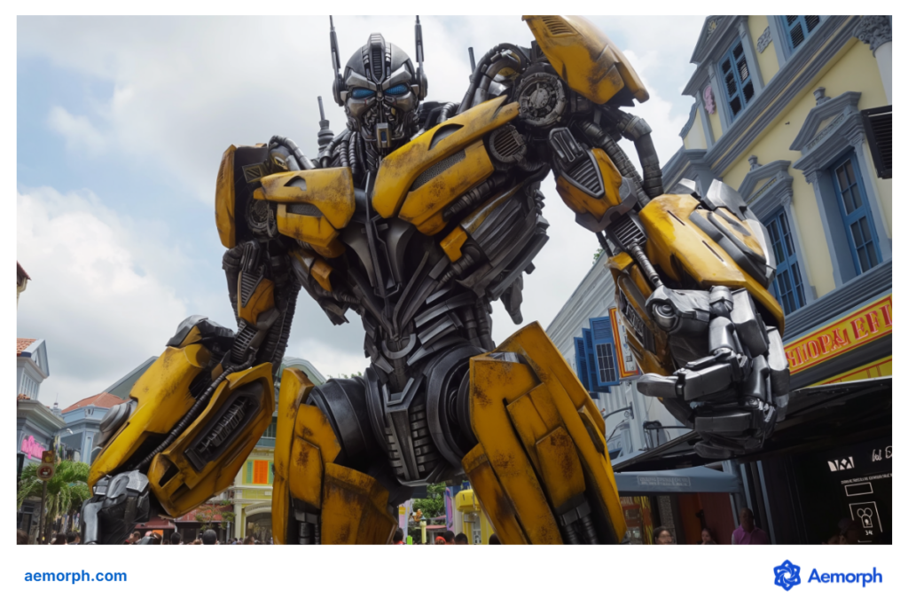 A towering yellow Bumblebee Transformer statue at Universal Studios Singapore, surrounded by excited visitors in a themed street of detailed shophouse facades.