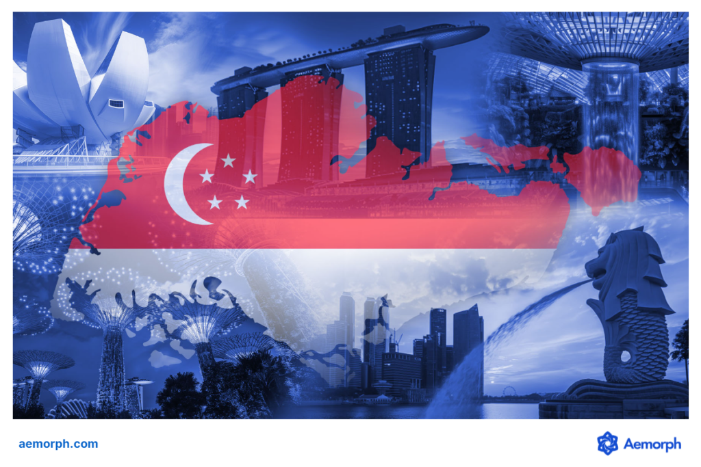 Singapore's national flag and map with iconic landmarks set against a futuristic city skyline to reflect national pride and cultural identity.