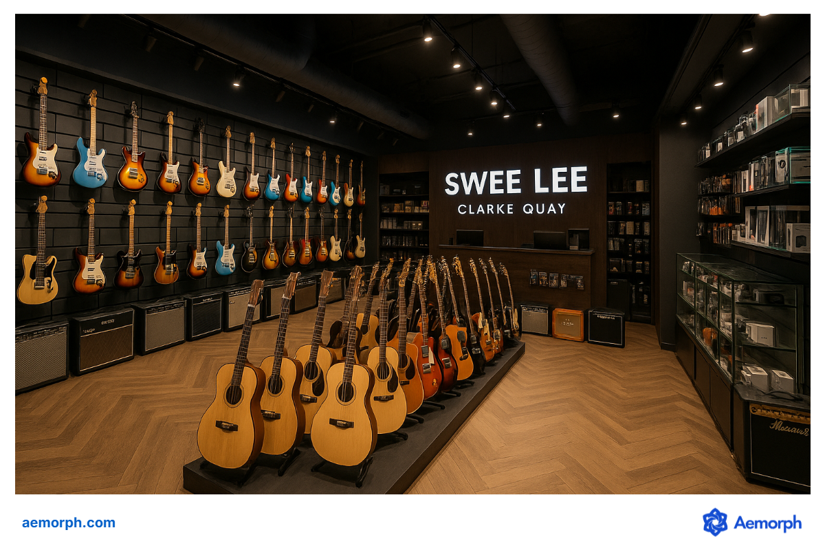 Inside Swee Lee Clarke Quay Interior of Swee Lee Clarke Quay, showcasing rows of electric and acoustic guitars on display.