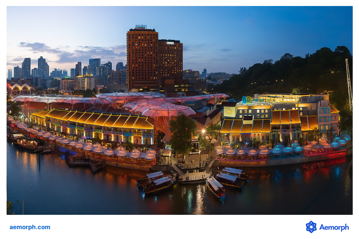 Clarke Quay by Twilight Clarke Quay at sunset, with colorful riverside bars and restaurants lit up beside moored bumboats.