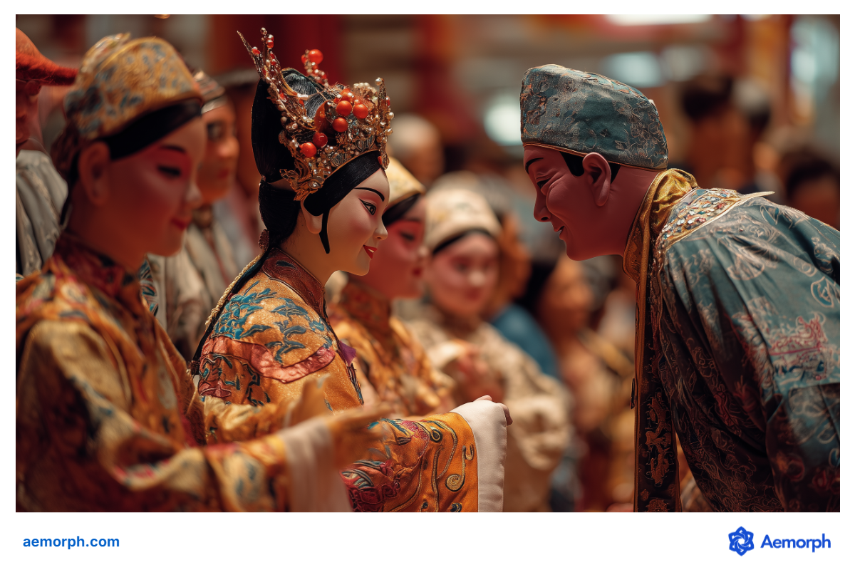 Traditional Chinese Opera Puppetry in Full Costume Close-up of elaborately dressed Chinese opera puppets or performers in ornate traditional costumes during a cultural or theatrical performance.
