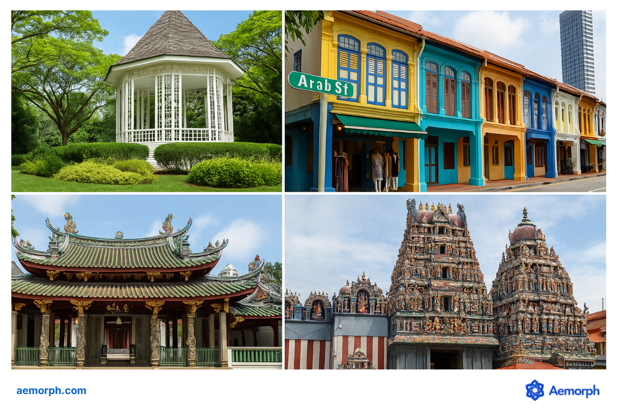Heritage Sites of Singapore A collage of Singapore heritage sites: the white gazebo in the Botanic Gardens, colorful shophouses on Arab Street, Thian Hock Keng Temple, and Sri Mariamman Temple.