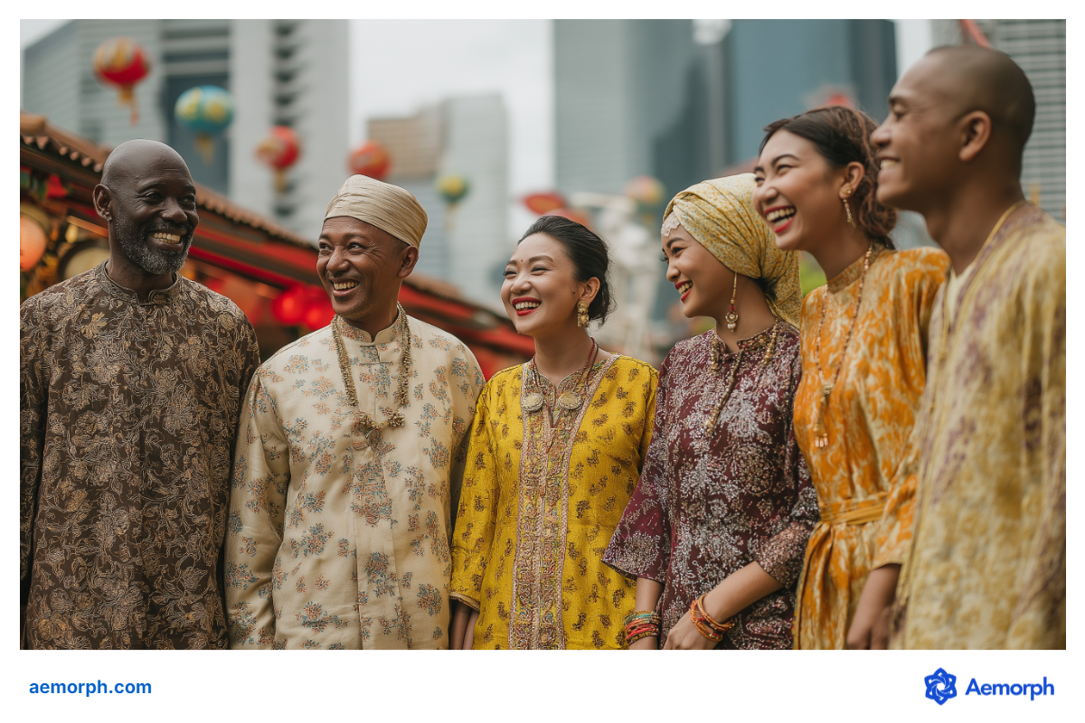 Celebrating Cultural Diversity in Singapore A diverse group of people in traditional attire smiling and standing together during a festive celebration in Singapore’s city centre.