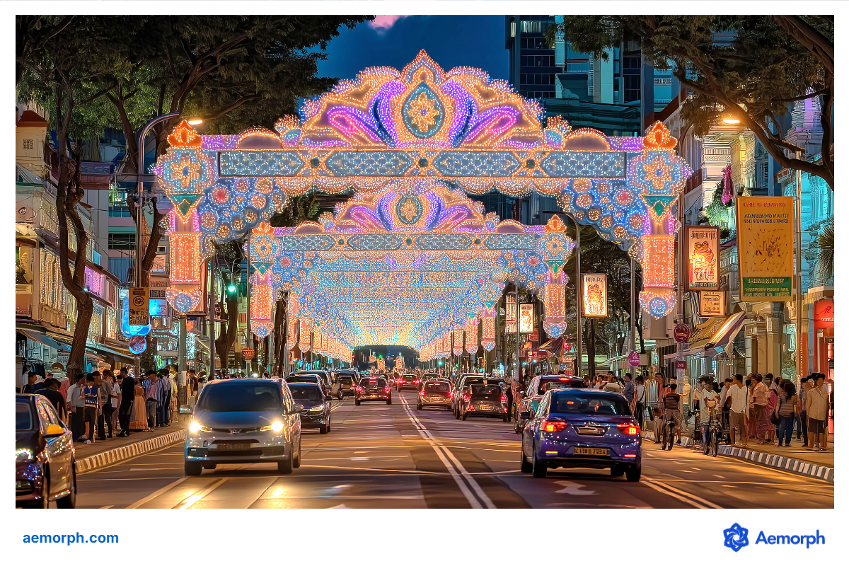 Street lights in Singapore during Deepavali festival Vibrant street in Singapore during Deepavali festival adorned with colourful lights and decorations