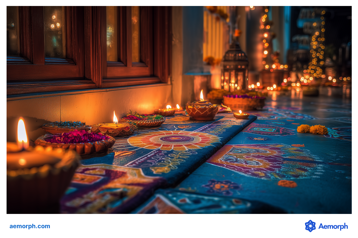 Diwali Home Decor – Traditional Diyas and Floor Art Traditional oil lamps and colorful rangoli decorate a walkway for Deepavali, creating a warm, festive glow with marigolds and lanterns.