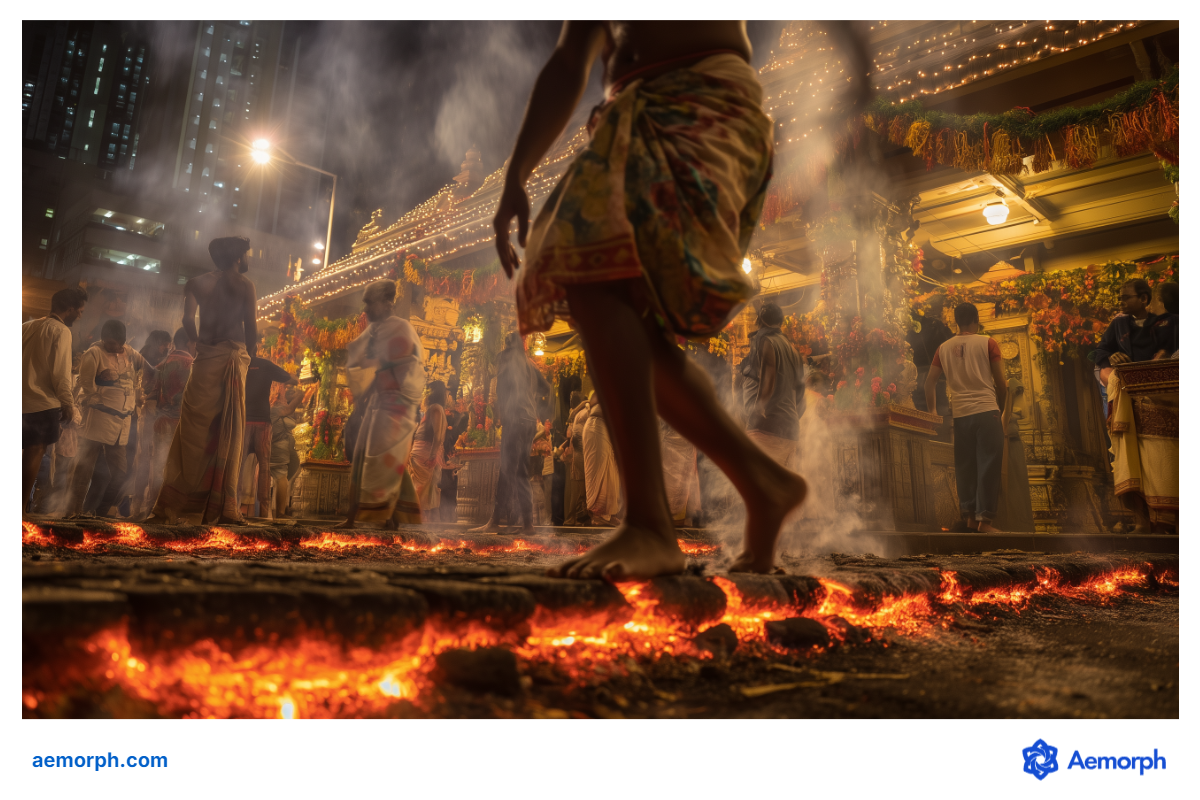 Theemithi Festival Firewalking Ceremony in Singapore Ceremonial fire-walking in progress outside a temple adorned with lights and garlands, as participants walk barefoot across burning embers.