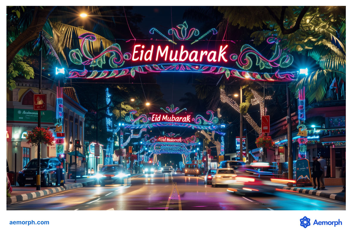 Festival lights in the streets of Singapore during Ramadan festival Festival street lights in bustling city life with car passing, in celebration of Eid Mubarak during Ramadan time