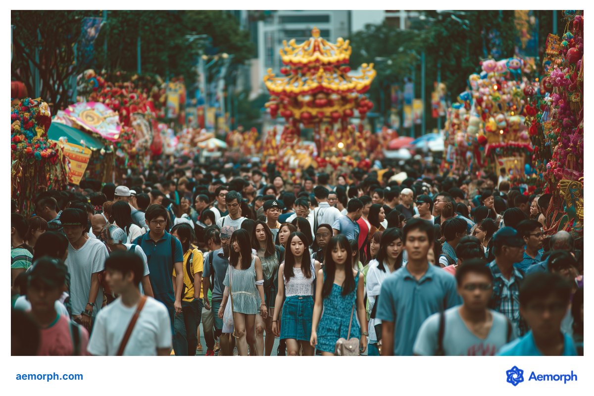 crowd through a festive street in Singapore A crowd walking through a festive street in Singapore with colourful Chinese decorations and temple floats during a cultural celebration.