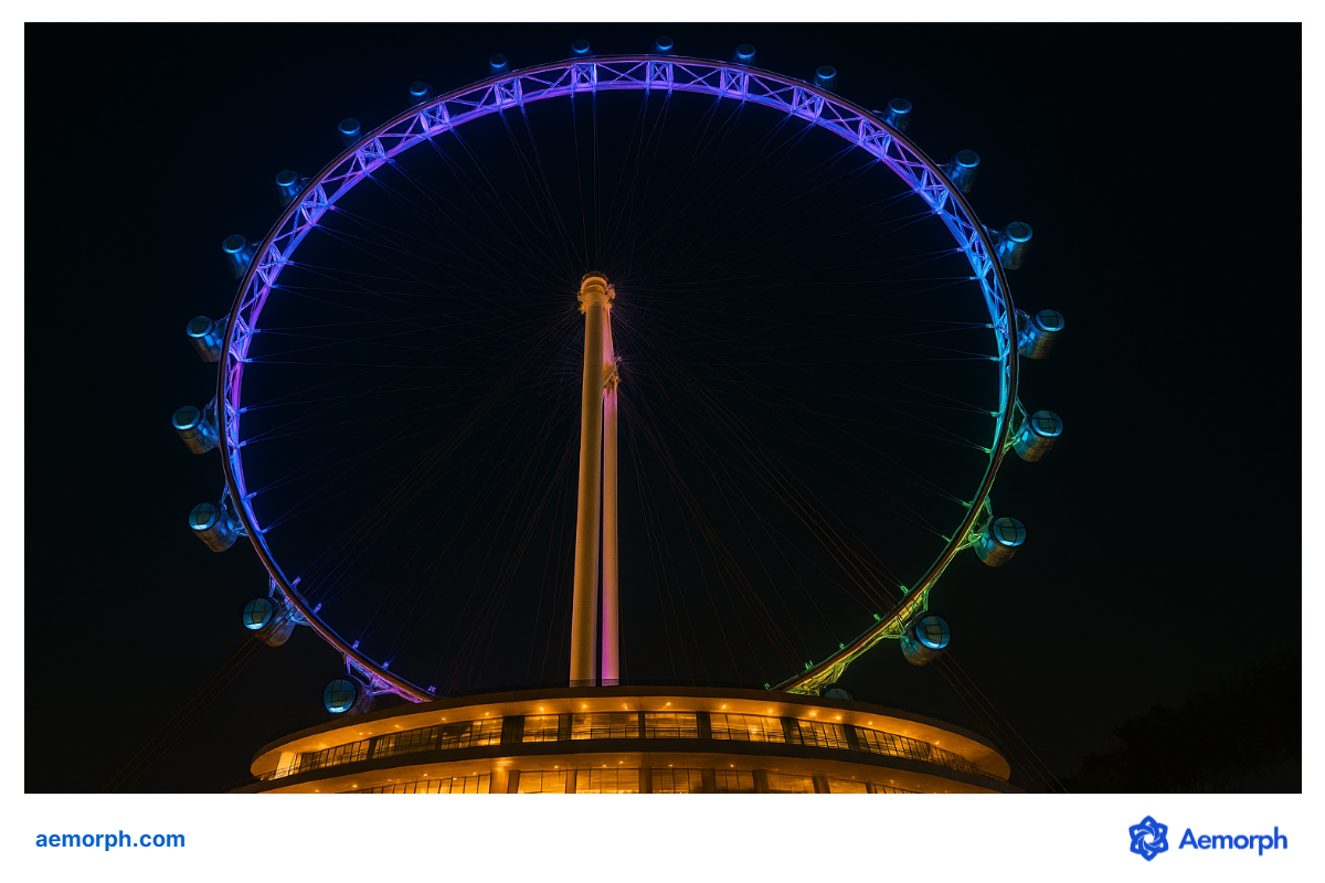 Singapore Flyer Illuminated After Dark The Singapore Flyer lit up in rainbow colors at night, standing tall against a dark sky.