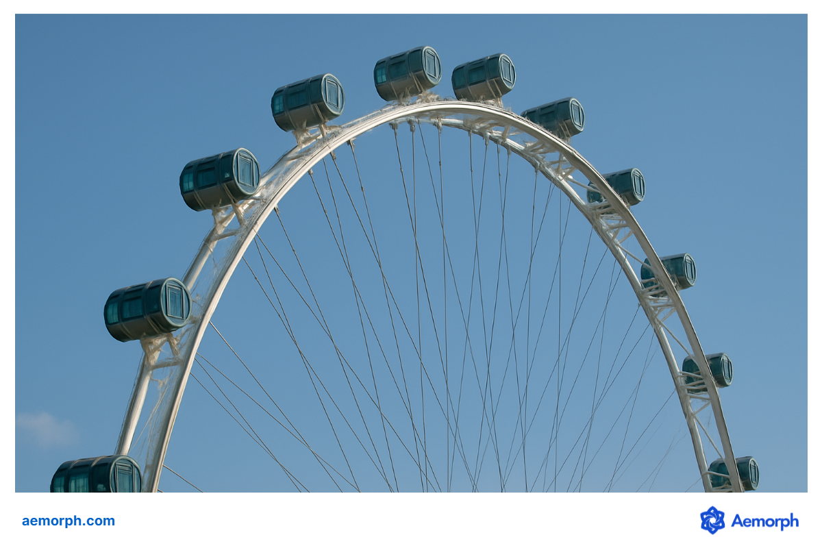 Singapore Flyer on a Clear Day Top portion of the Singapore Flyer observation wheel with capsules silhouetted against a clear blue sky.