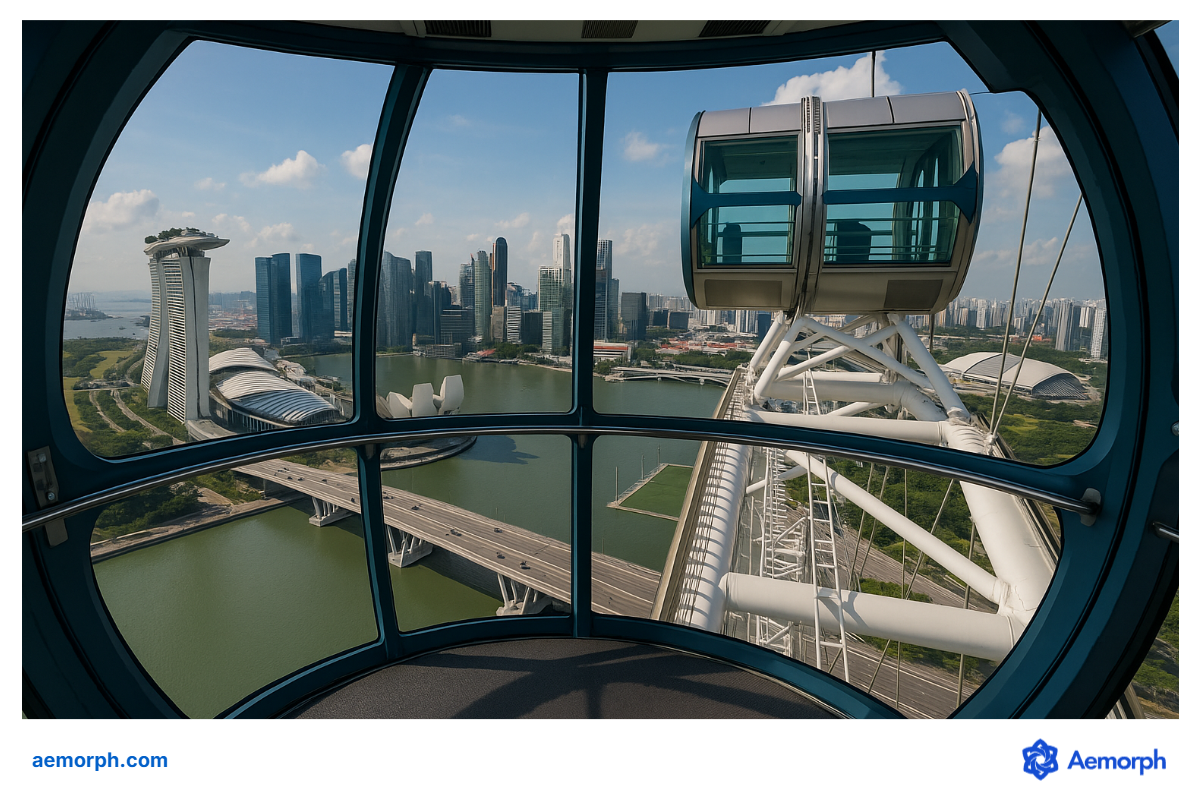 Sky-High View from the Singapore Flyer View of Marina Bay Sands and downtown skyline from inside a capsule on the Singapore Flyer.