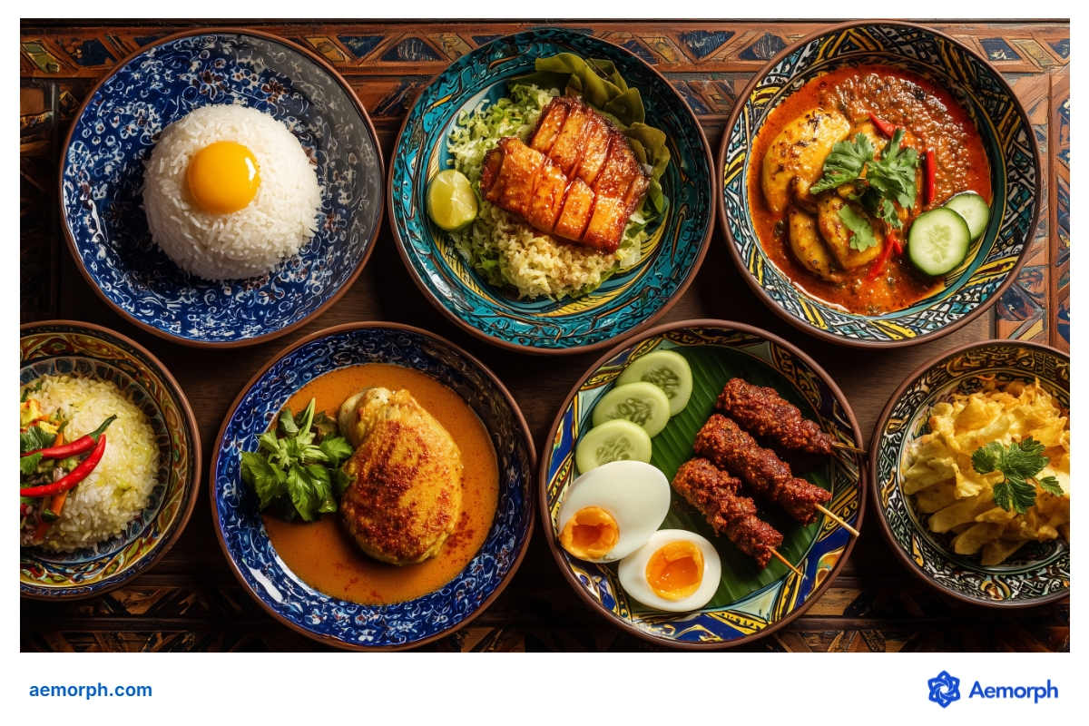 A Culinary Showcase of Singapore’s Hawker Heritage An artfully arranged spread of popular hawker centre dishes from Singapore, featuring regional rice, meat, and egg-based recipes in decorative bowls.