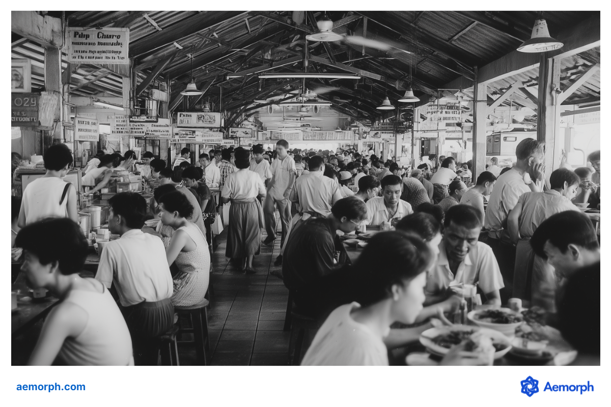 Legacy of Hawker Culture in Singapore’s Early Days Archival image of a traditional Singapore hawker centre filled with diners, capturing the communal spirit and vibrant food culture of earlier decades.