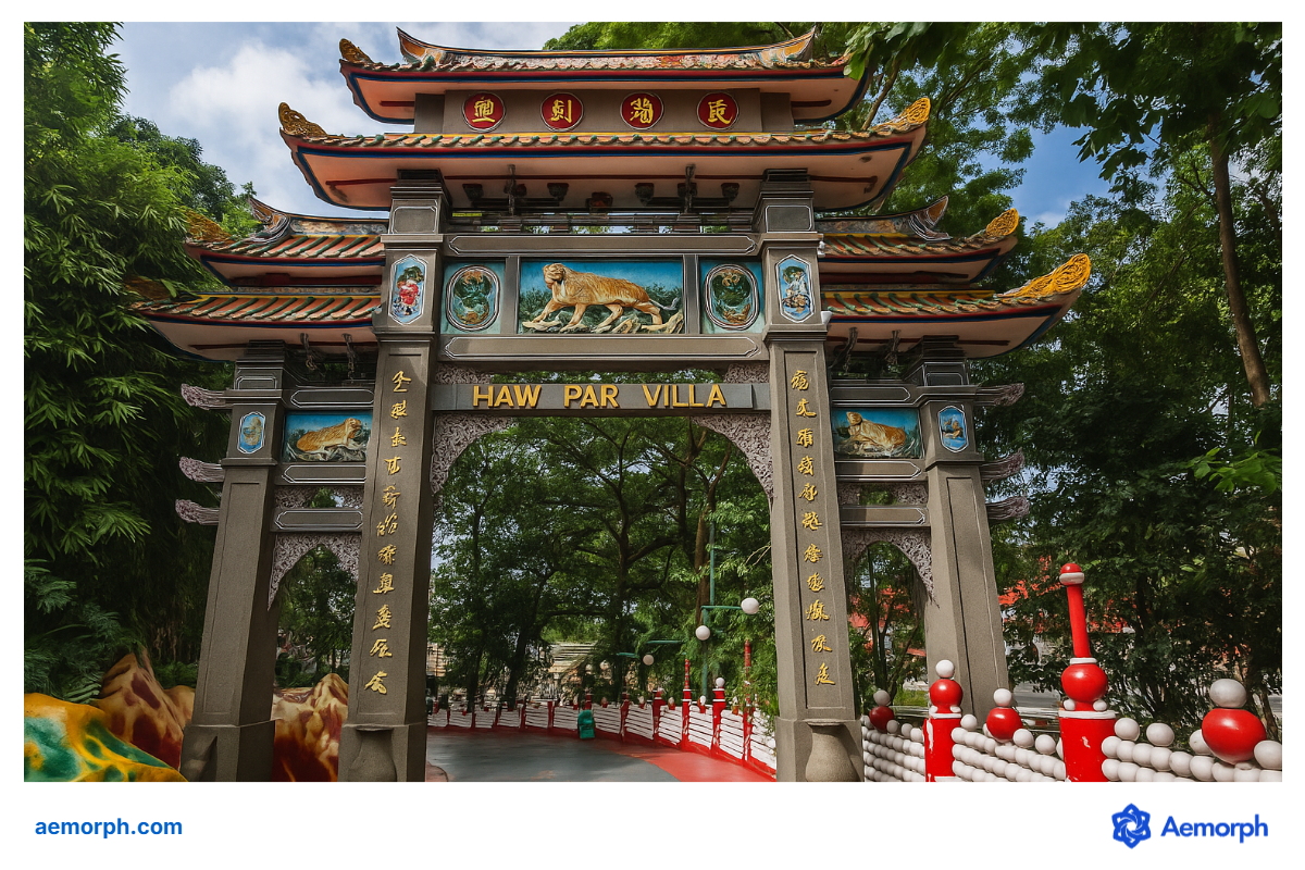 Entrance to Haw Par Villa Entrance gate of Haw Par Villa in Singapore, featuring traditional Chinese architecture with intricate carvings and a tiger mural above the arch.