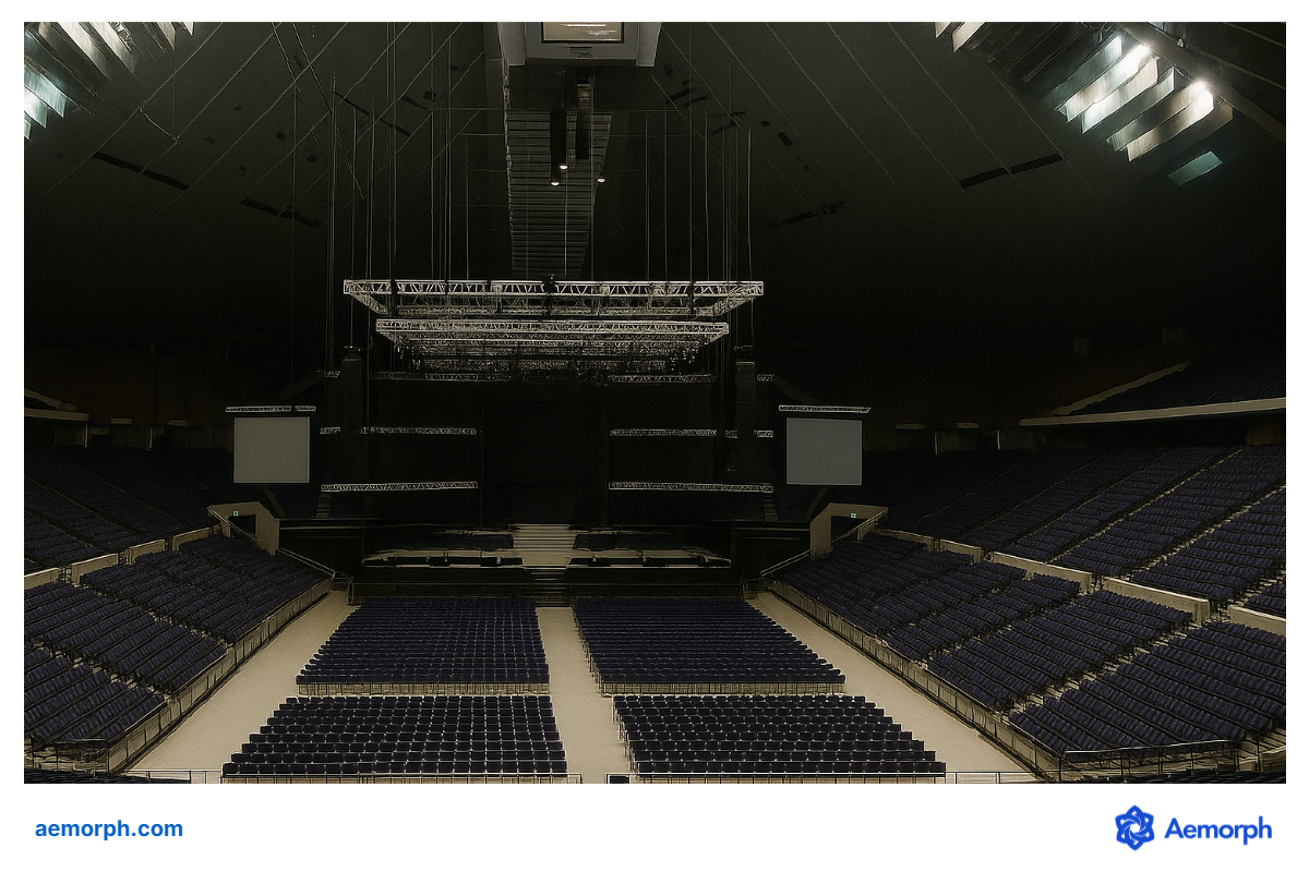 Inside the Singapore Indoor Stadium Interior view of the Singapore Indoor Stadium showing rows of empty seats, a large central stage setup, and suspended lighting rigs above.