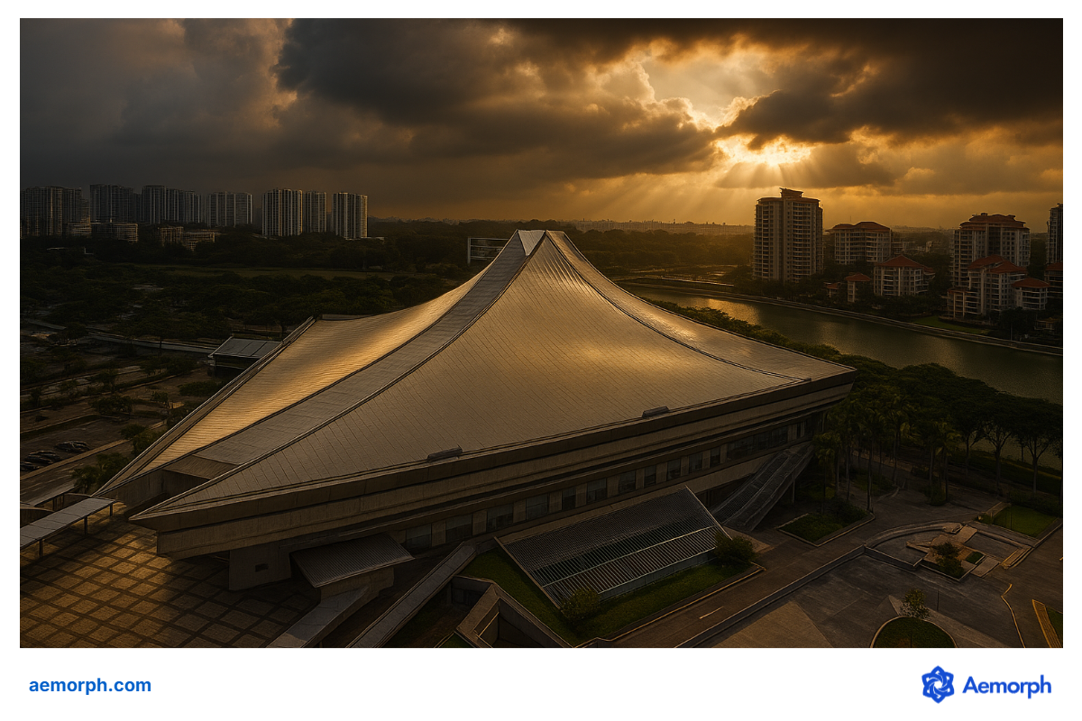 Singapore Indoor Stadium at Sunset Aerial view of the Singapore Indoor Stadium with golden sunset rays breaking through dramatic clouds in the background.