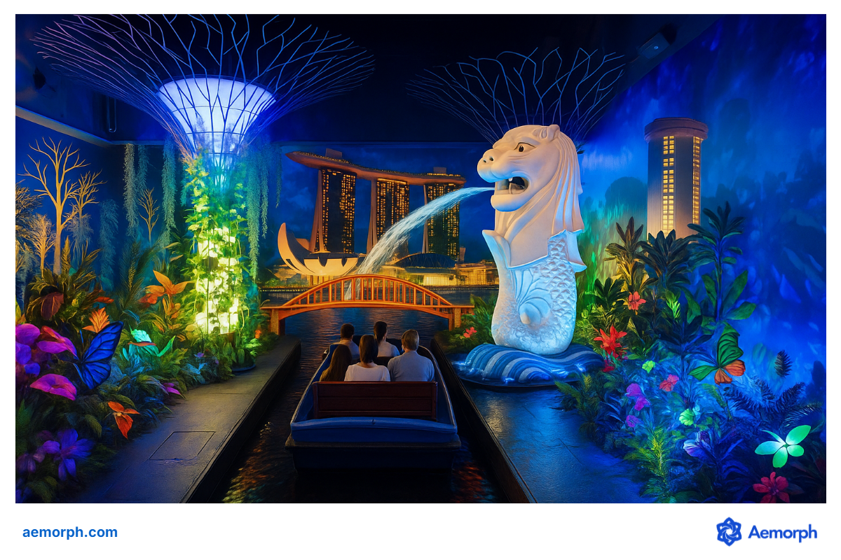 Singapore Attraction Boat Ride Indoor boat ride with people passing iconic Singapore landmarks in a colourful Singapore-themed setting.