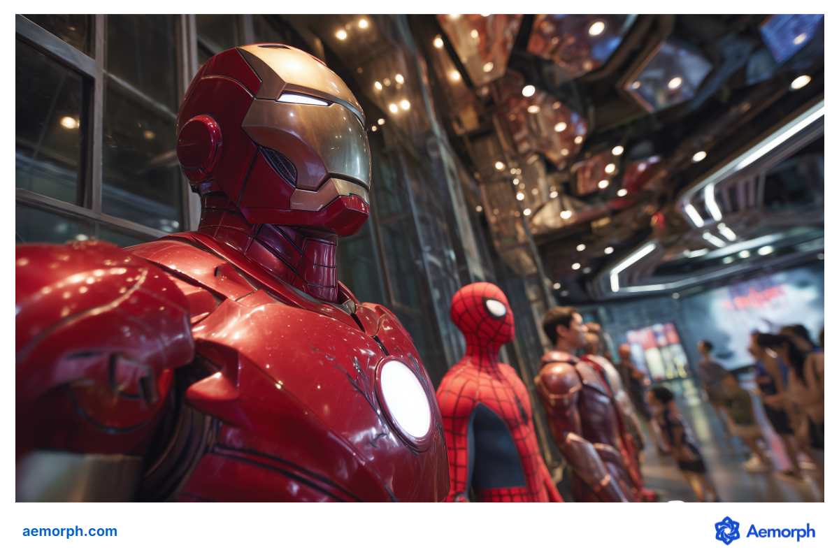 Marvel Superhero in Exhibition Hall Display Marvel superheroes including Iron Man and Spider-Man in a modern exhibit hall.