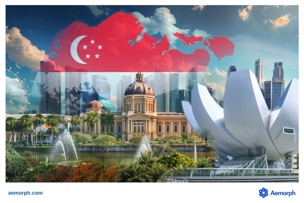 Singapore's skyline with iconic landmarks and national flag overlay symbolising heritage and modernity.