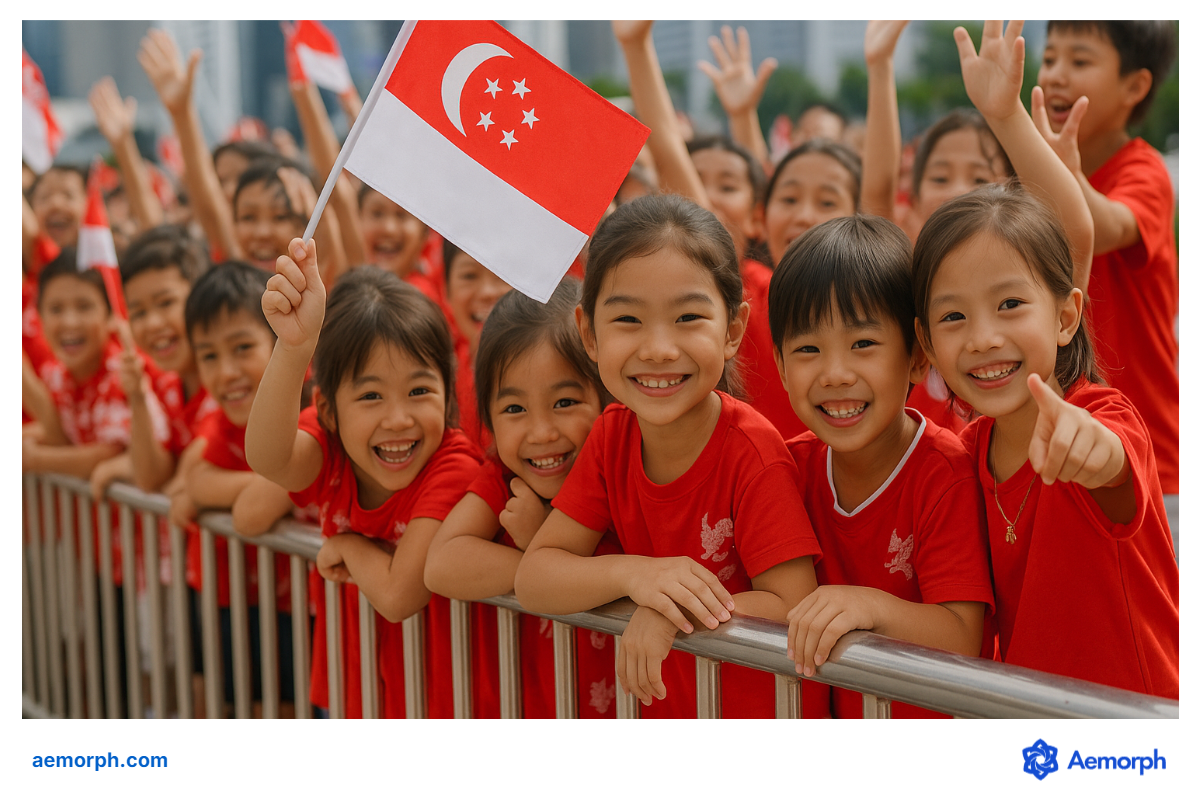 National Day celebration with crowd of children A crowd of children wearing red shirt and smiling with some waving the flag of Singapore in celebration of the National Day.