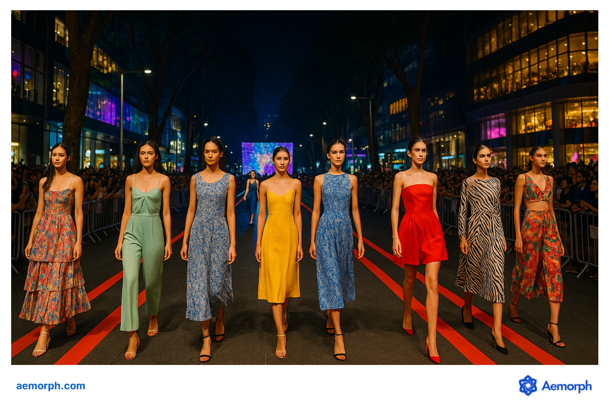 Runway Radiance on Orchard Models walk the outdoor runway in colorful dresses during a night fashion show on Orchard Road.