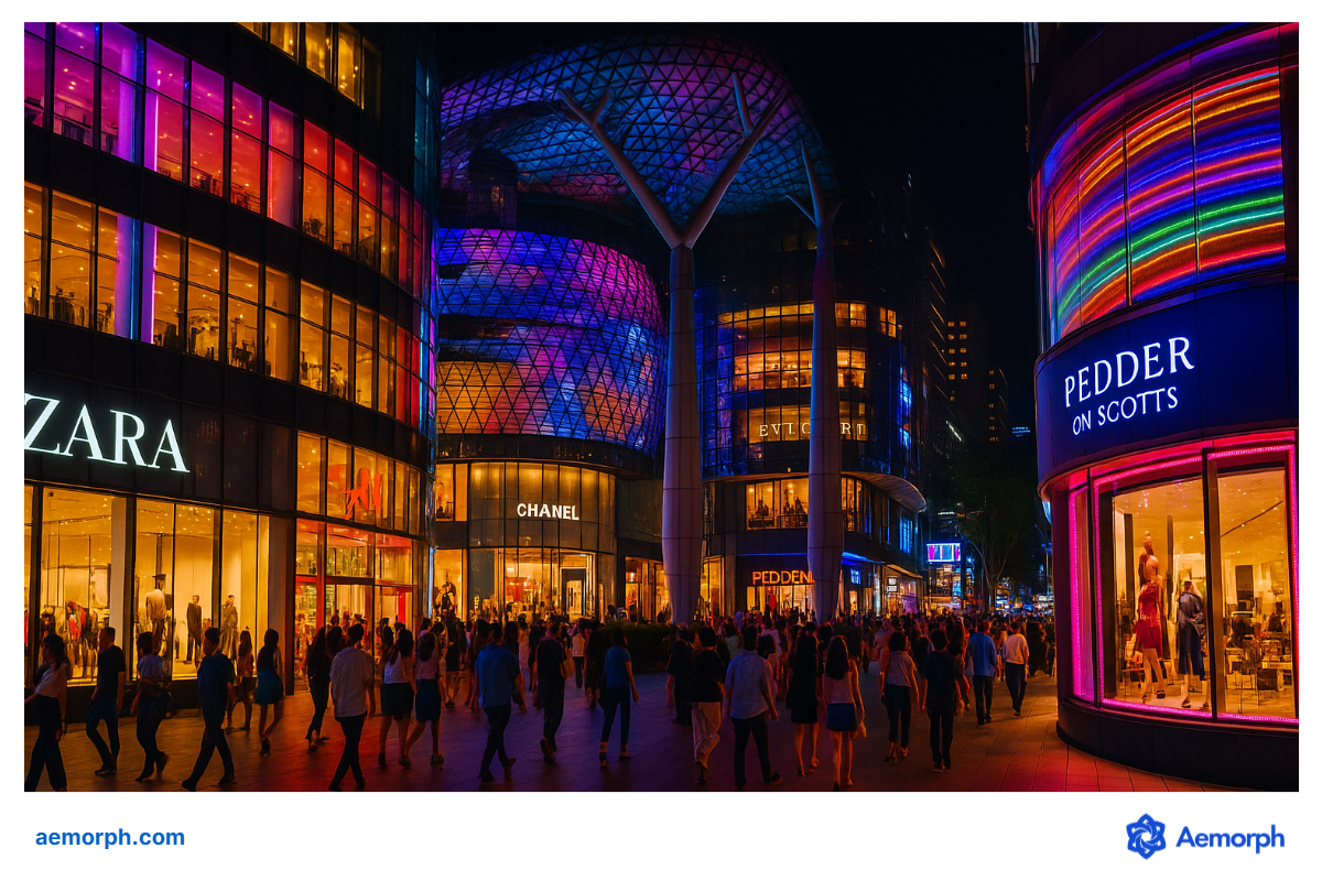 Orchard Road Lights Up the Night Crowds walk past illuminated luxury storefronts like Chanel, Zara, and Pedder on Scotts at night in Orchard Road, Singapore.