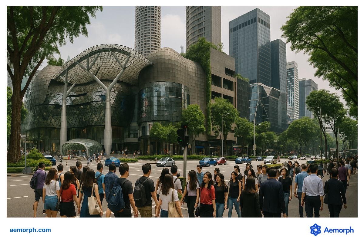 Orchard Road Buzz Crowds crossing Orchard Road in front of the modern glass facade of ION Orchard, with skyscrapers in the background.