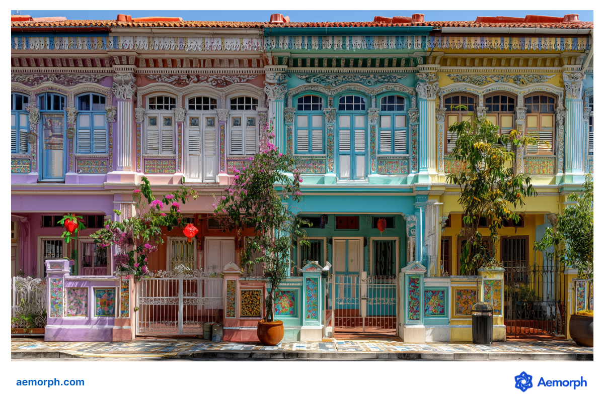 Peranakan Homes and Shophouses Vibrant facade depicting peranakan homes and shophouses