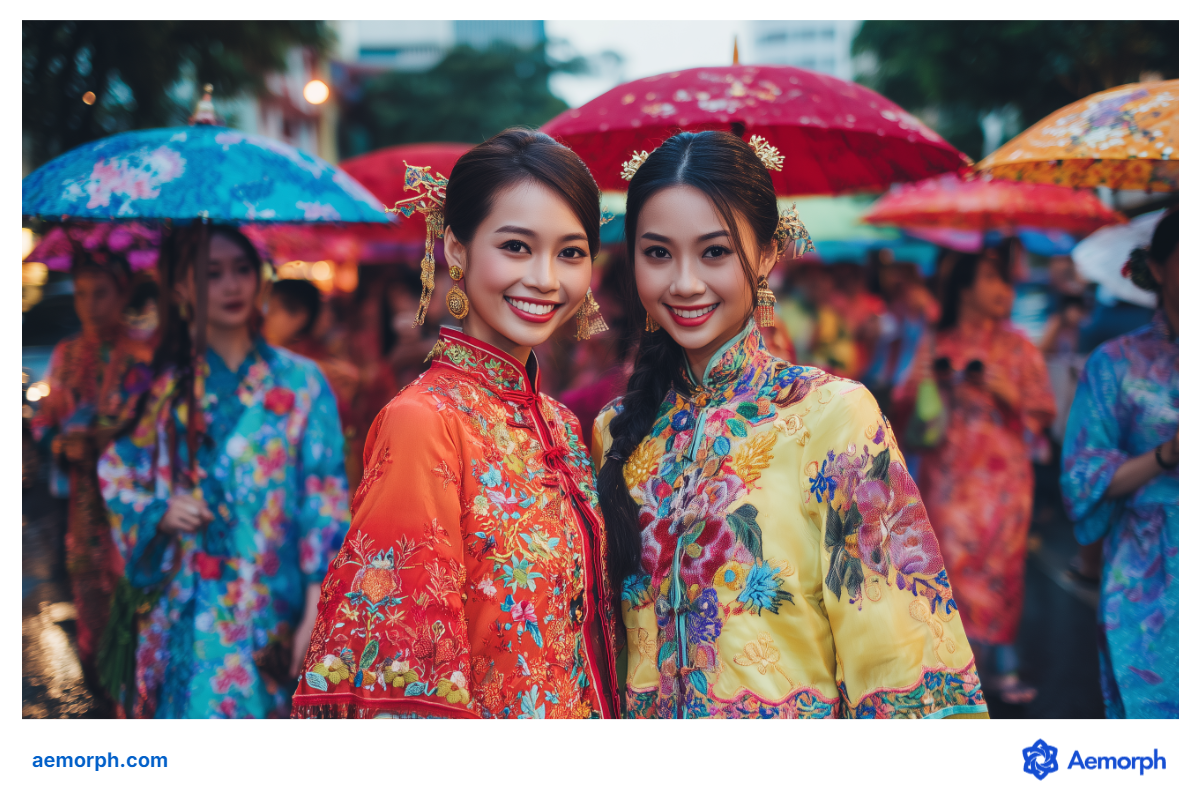 Peranakan Fashion known as Nyonya Kebaya Women wearing nyonya kebaya with floral embroidery representing Peranakan fashion