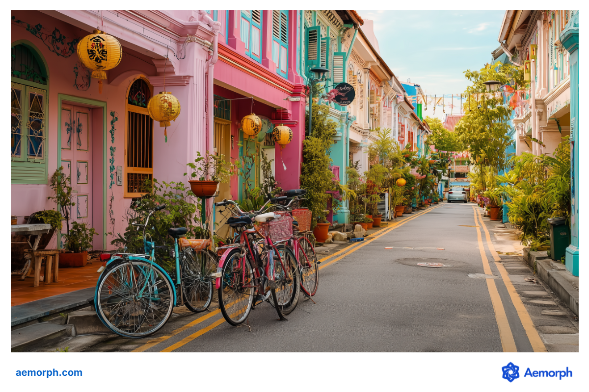 Peranakan Shophouses in SIngapore Singapore Peranakan shophouses Singapore with hanging lanterns and bicycles