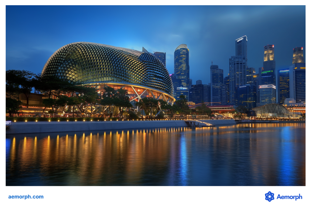 Night view of Esplanade's spiky dome by the waterfront with Singapore skyline illuminated in the background.