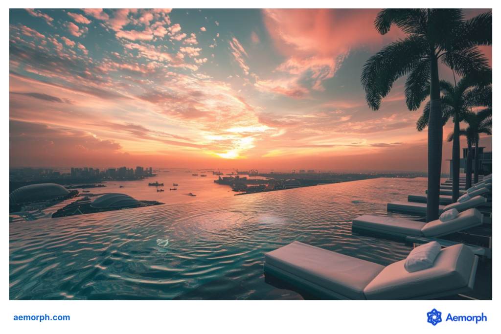 Sunset view from Marina Bay Sands infinity pool, with city skyline, calm water, lounge chairs and palm trees.