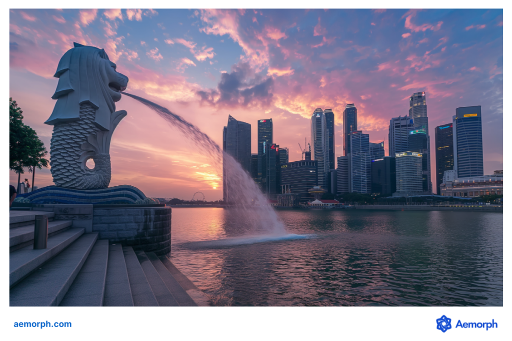Iconic SIngapore Merlion statue spouting water with the Singapore skyline glowing under a pink and purple sunset.