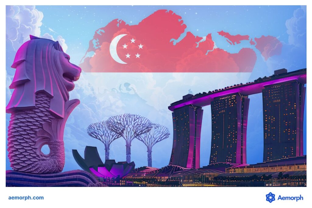 Illustration of iconic Singapore landmarks with Merlion, Marina Bay Sands, Supertrees, and the national flag in the sky.