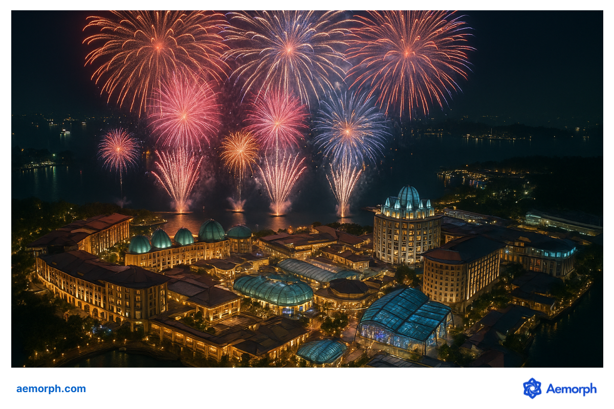 Fireworks Over Resorts World Sentosa Fireworks light up the sky above Resorts World Sentosa in Singapore at night, with illuminated domes and buildings below.