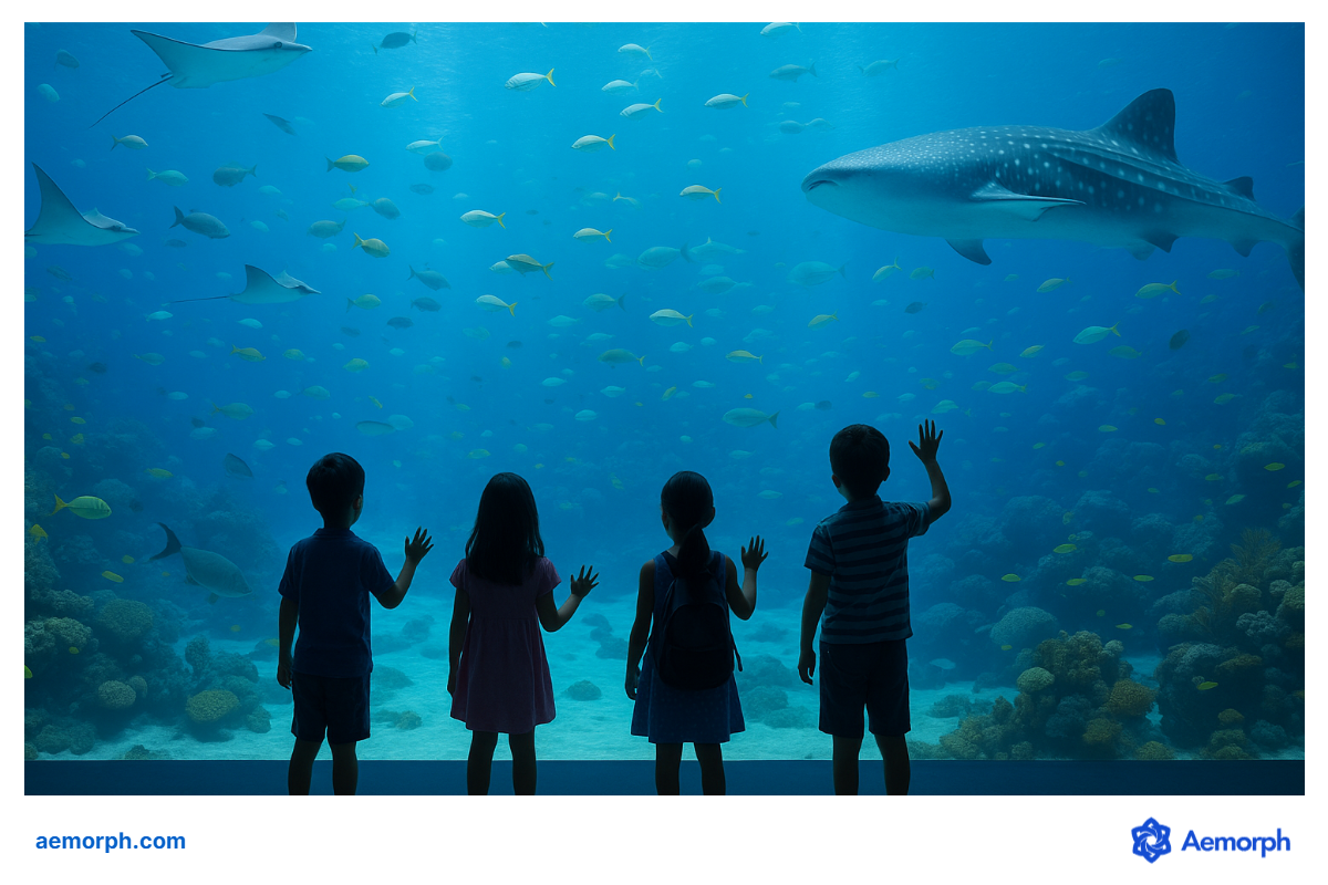 Ocean Wonders at S.E.A. Aquarium Children watch a whale shark and colorful sea life through a giant aquarium window at S.E.A. Aquarium in Sentosa.