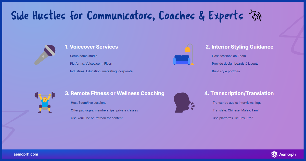 Side hustle ideas for communicators and experts Using voiceover, interior design, fitness coaching, and transcription side hustles