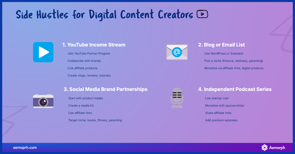 Side hustle for digital content creators Using YouTube, blog, social media, and podcast side hustles for content creators