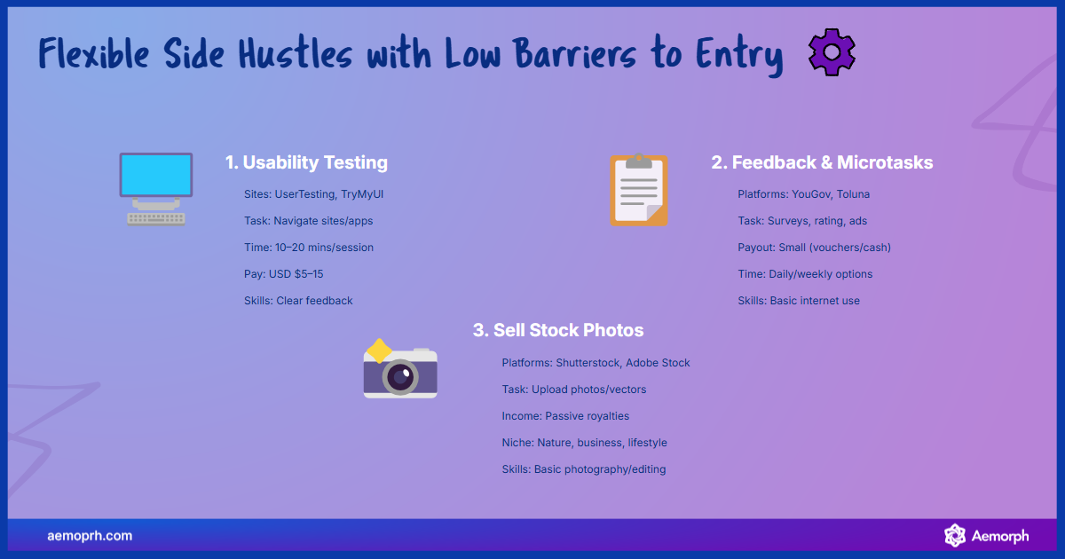 Flexible Side Hustles with Low Barriers to Entry Comparison of three beginner side hustles: usability testing, microtasks, and stock photography