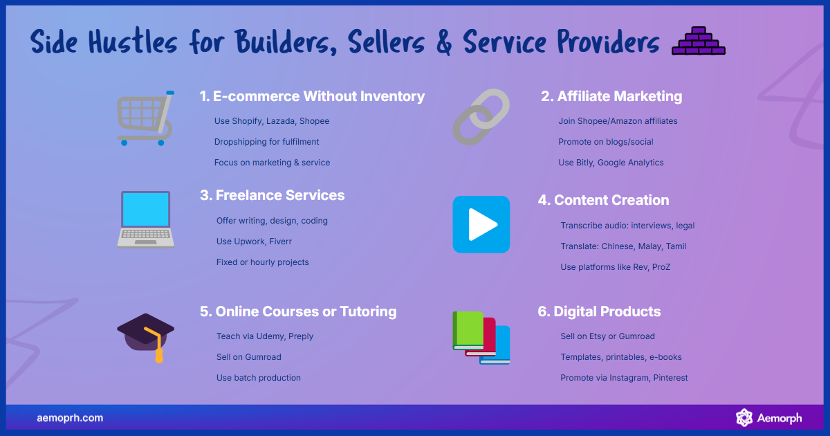 Business-focused side hustles for builders Six monetisable side hustles for sellers, service providers, and creators