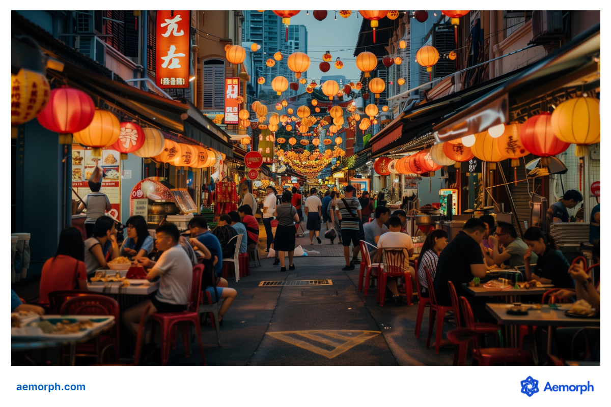 Street Food Alley in Chinatown A street food scene in Chinatown with people eating and walking.