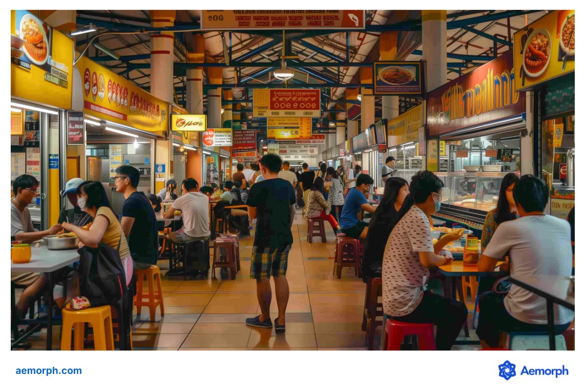Hawker Centre Food Stalls Hawker Centre in Singapore with food stalls with people eating and walking choosing where to eat.