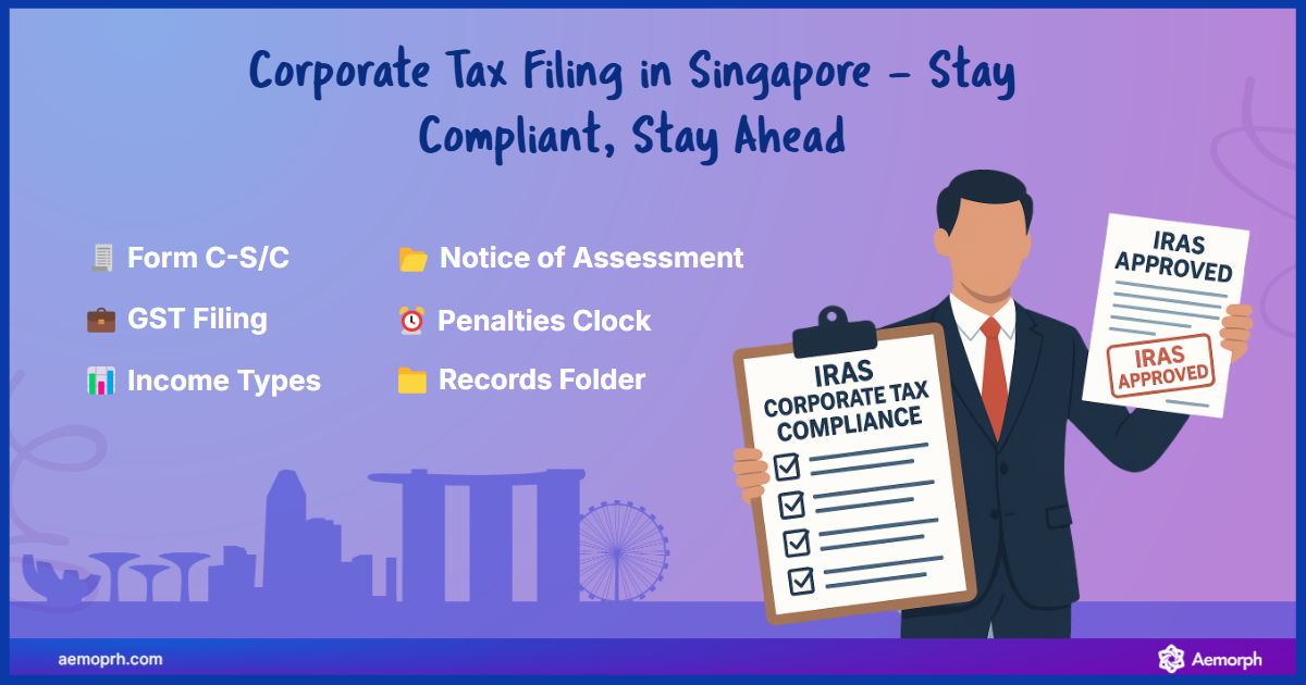 Corporate Tax Filing in Singapore Illustrated Singapore tax compliance header with IRAS elements and filing icons.