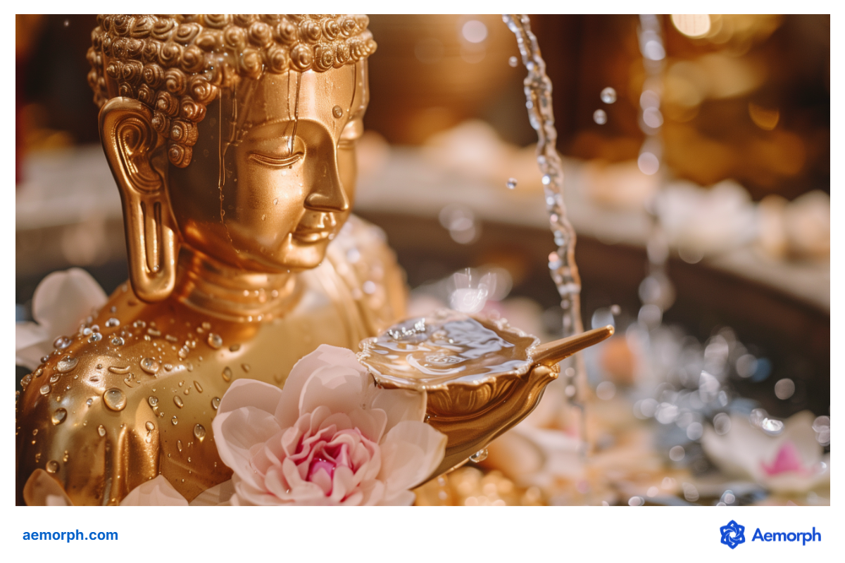 Buddha Bathing Ritual for Vesak Day Close-up of a golden baby Buddha statue with water being poured over it, surrounded by lotus flowers during the Vesak Day bathing ceremony.
