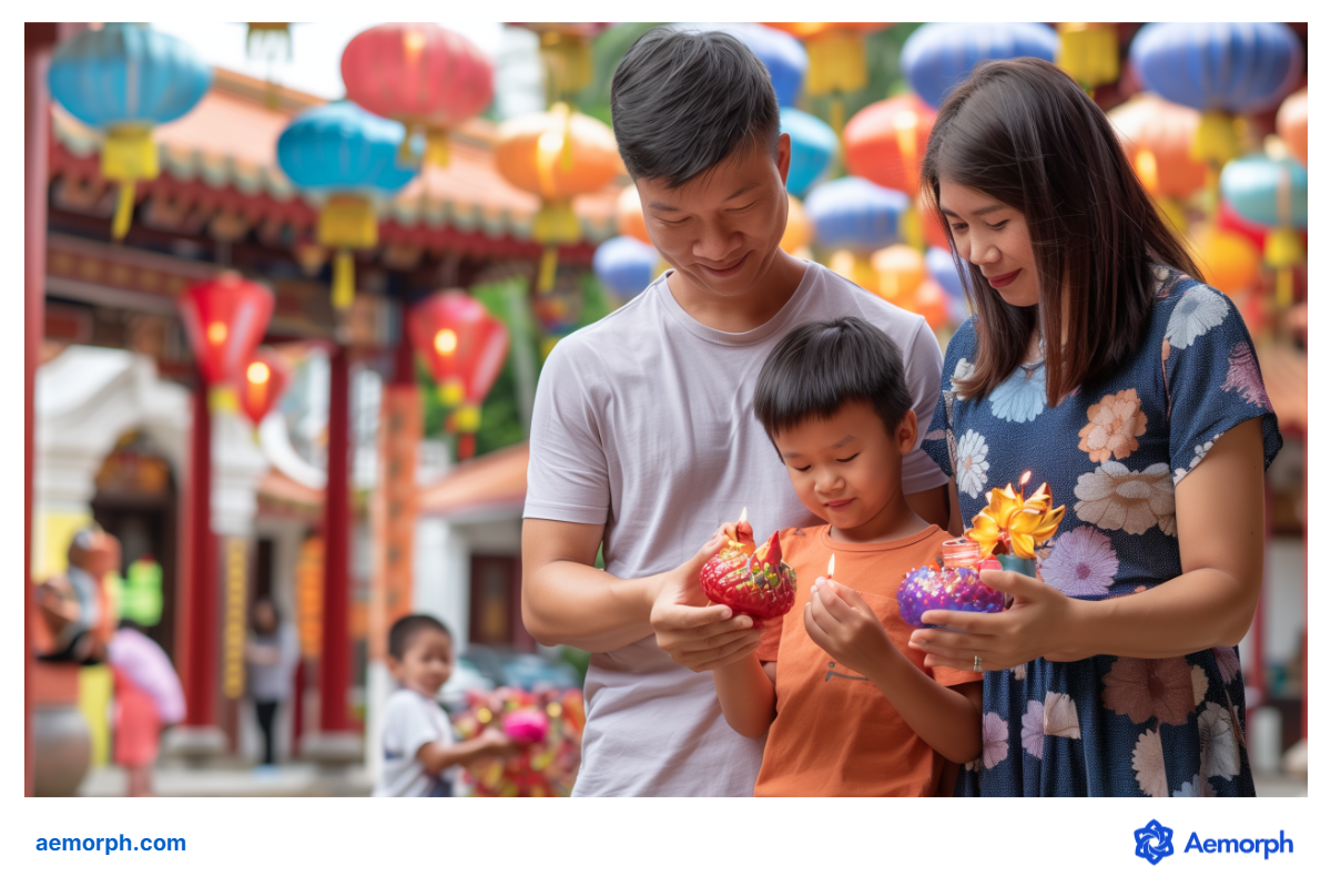 Family Temple Visit During Vesak Day in Singapore A family lights candles at a temple decorated with colorful lanterns during Vesak Day