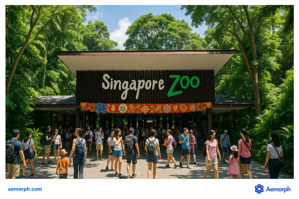 Singapore Zoo Main Entrance Visitors entering the Singapore Zoo under a prominent sign and surrounded by greenery.