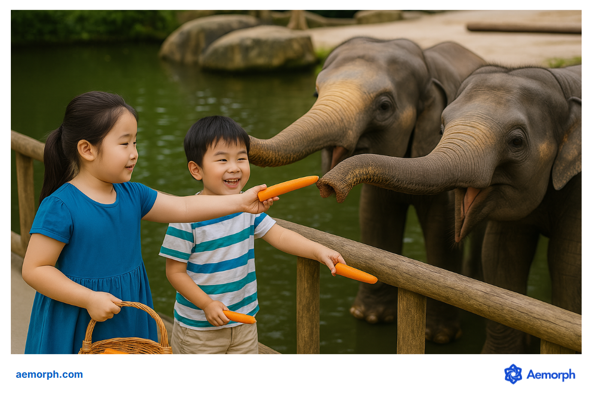 Elephant Feeding Experience Children feeding carrots to elephants at a zoo enclosure.