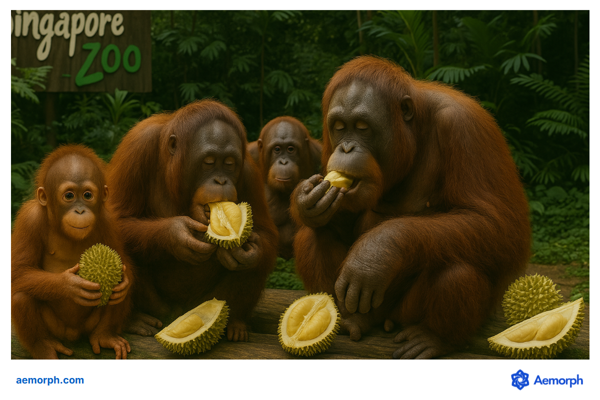 Orangutans Enjoying Durians at Singapore Zoo Orangutans at the Singapore Zoo eating durians.